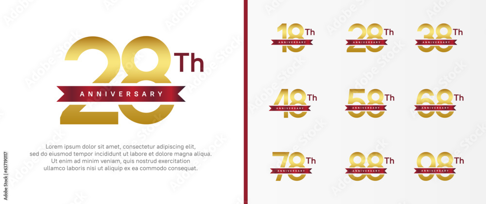 set of anniversary logo golden color number and red ribbon on white background for celebration set of anniversary logo golden color number and red ribbon on white background for celebration