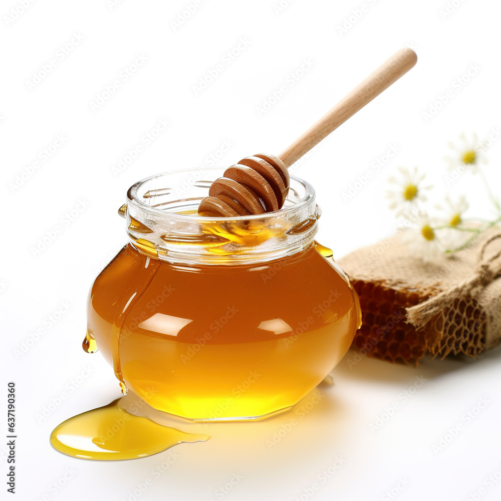 Honey pot and dipper isolated on white background Honey pot and dipper isolated on white background