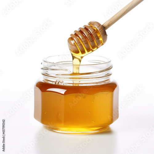 Honey pot and dipper isolated on white background