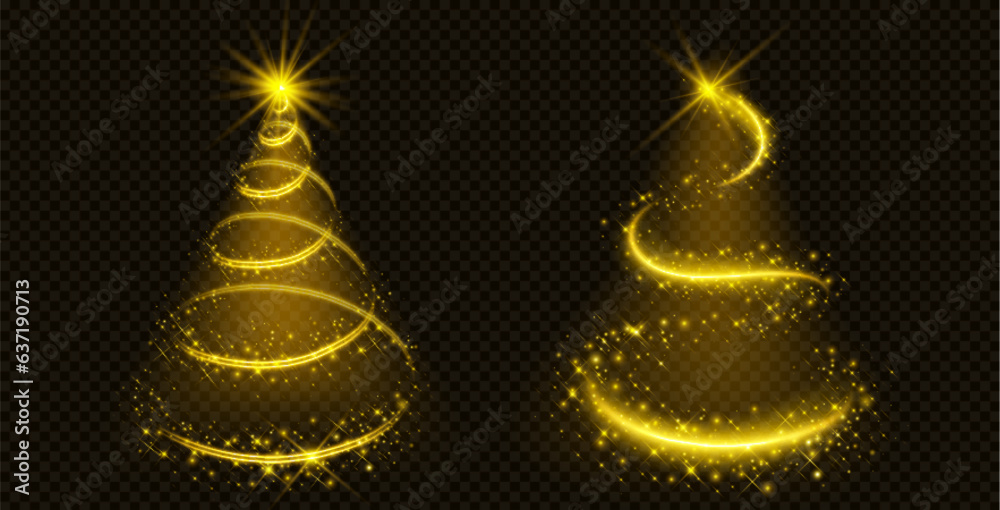 Christmas tree made of golden light and sparkles. Abstract shiny and glow magic Xmas symbol on transparent background. Realistic vector illuminated gold silhouette of fir decoration with shine effect. Christmas tree made of golden light and sparkles. Abstract shiny and glow magic Xmas symbol on transparent background. Realistic vector illuminated gold silhouette of fir decoration with shine effect.