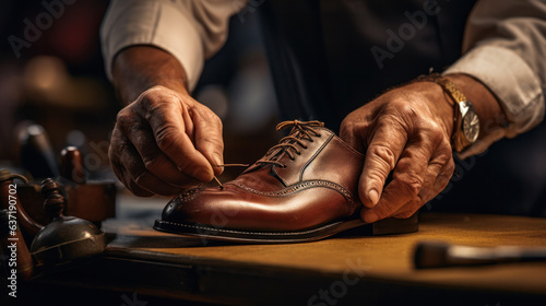 Shoemaker's hands assembling fashionable mens leather shoes