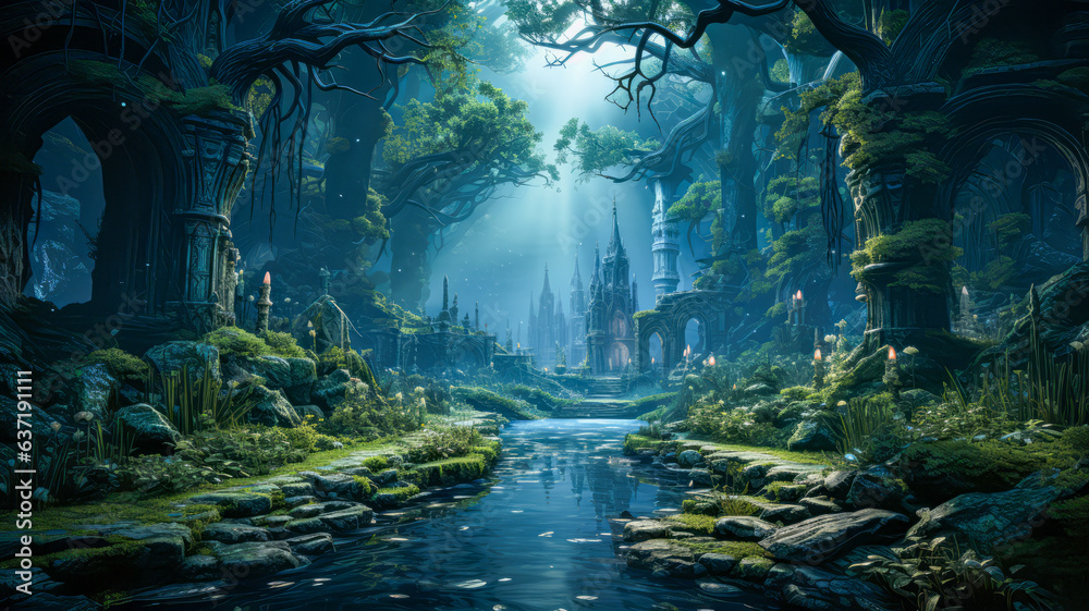 Mystical Forest with River and Temple