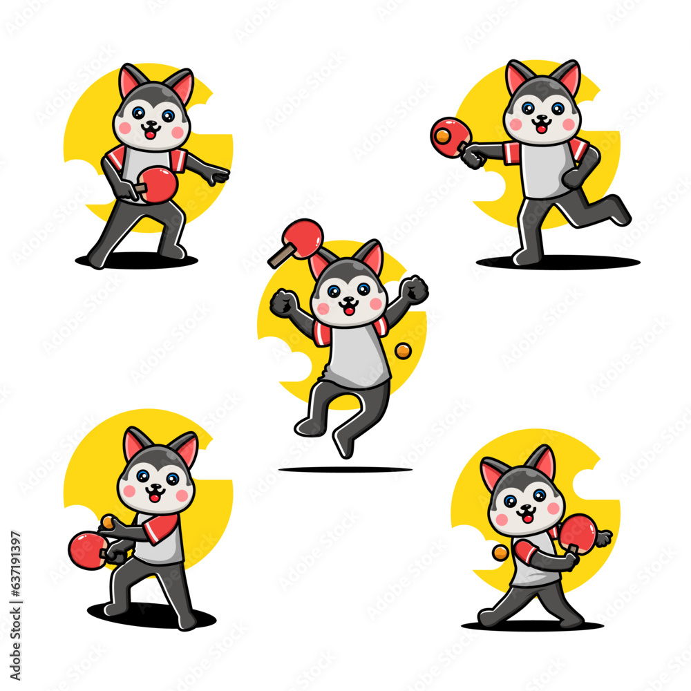 Cute Husky Playing Table Tennis Mascot Character Set