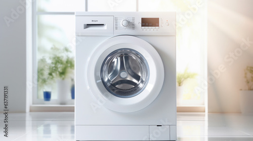 Modern washing machine with laundry, closeup