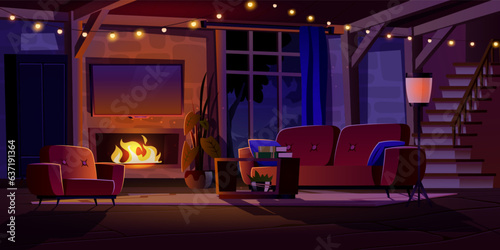 Night home living room interior with fireplace. House cozy castle livingroom inside design with sofa, lounge table, armchair and carpet near stairs. Burning flame warm light in palace apartment