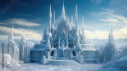 Fantasy wallpaper featuring a snow-covered neoclassical castle with mythological and religious elements