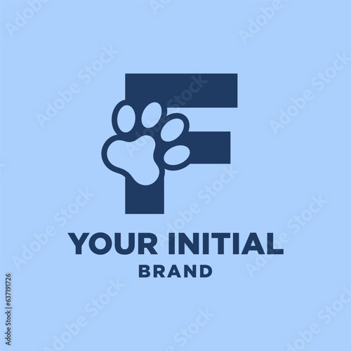 letter F paw print dog foot silhouette in negative space initial vector logo design