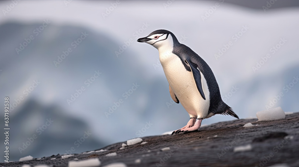 Fototapeta premium A Chinstrap Penguin walks precariously along the ridge of Bailey Head on Deception Island in Antarctica, high above the icy ocean below. Generative Ai