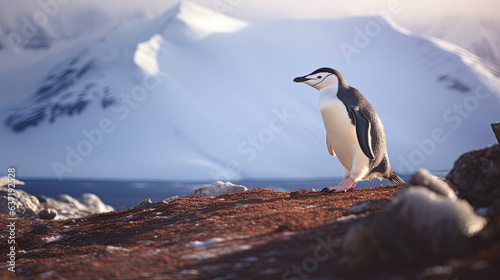 A Chinstrap Penguin walks precariously along the ridge of Bailey Head on Deception Island in Antarctica  high above the icy ocean below. Generative Ai