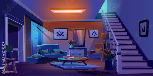 Night home living room interior cartoon background. House apartment with staircase and moonlight from window. Indoor lamp glow decoration in flat foyer with table, armchair, mirror and couch.