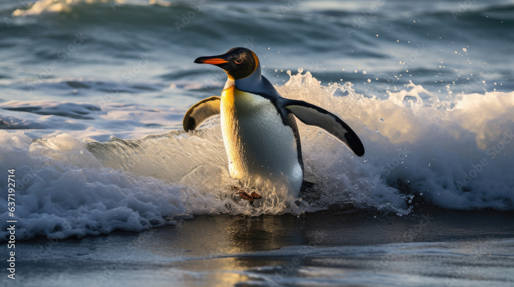 Obraz premium A Big King penguin going to blue water, Atlantic ocean in Falkland Island. Generative Ai