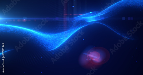 Blue glowing energy bright waves from small particles and lines abstract background