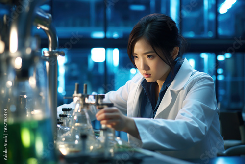 Asian female Scientist working on Lab