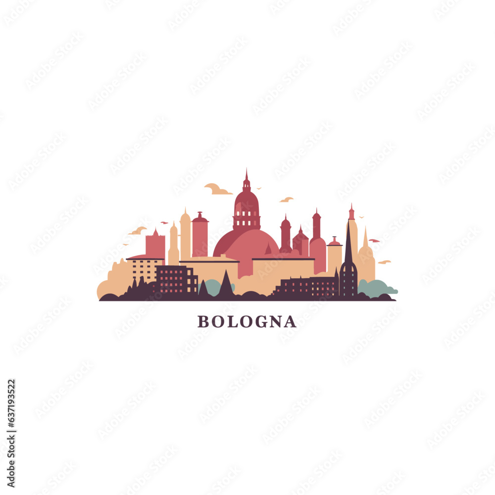 Italy Bologna cityscape skyline city panorama vector flat modern logo icon. Emilia Romagna region emblem idea with landmarks and building silhouettes, isolated clipart