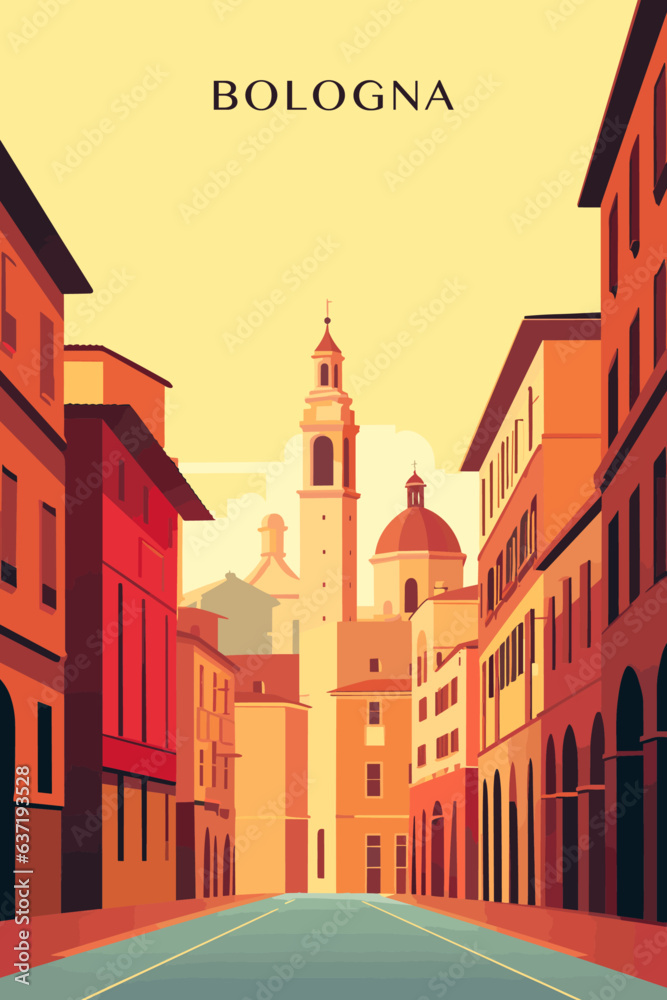 Italy Bologna city retro poster with abstract shapes of skyline, landscape, houses and waterfront. Vintage cityscape travel vector illustration of Emilia Romagna town panorama