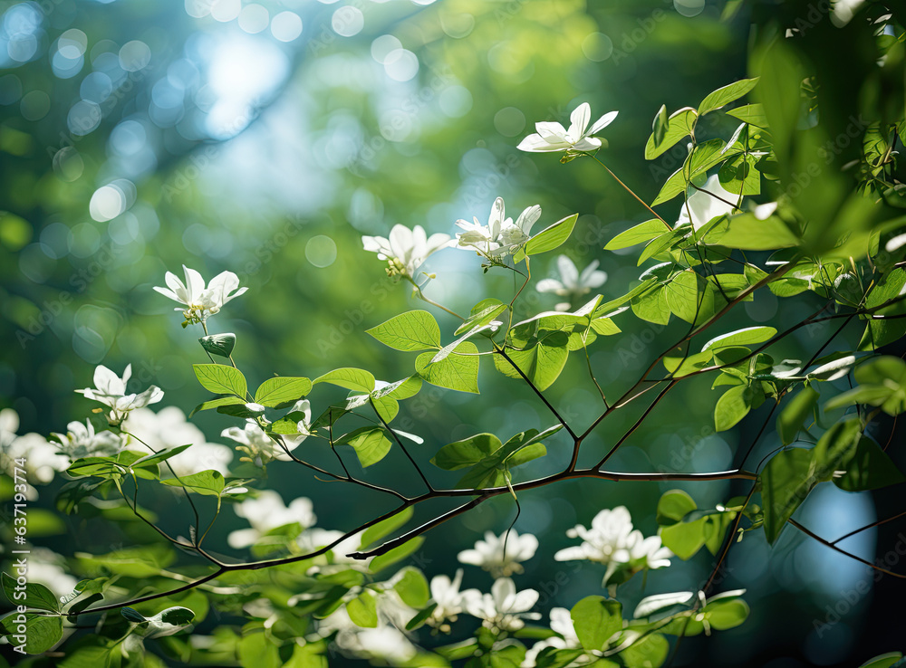 A beautiful spring scene with flowers blooming on a tree under a clear sky A beautiful spring scene with flowers blooming on a tree under a clear sky