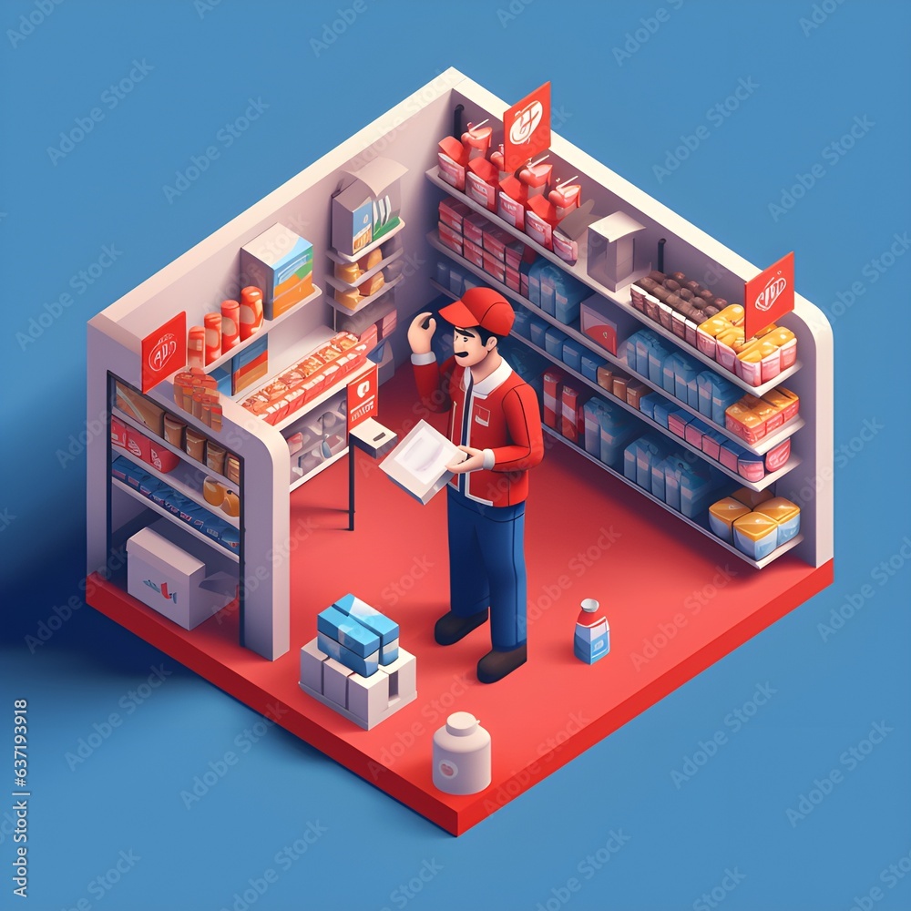 Isometric Storefront, Store, Gas Station with Shopkeeper, Office Worker, Clerk