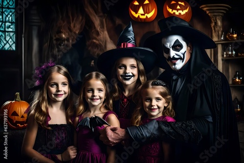 Family celebrating halloween in witch costumes, halloween costume - Generative AI