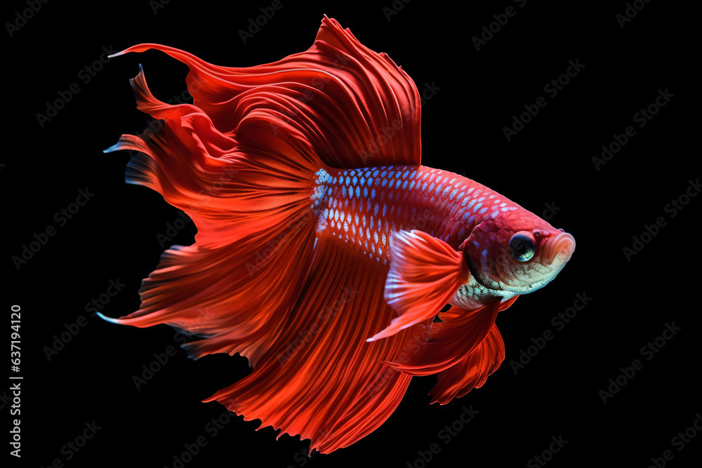 Fototapeta premium a red fish with a blue tail and a black background