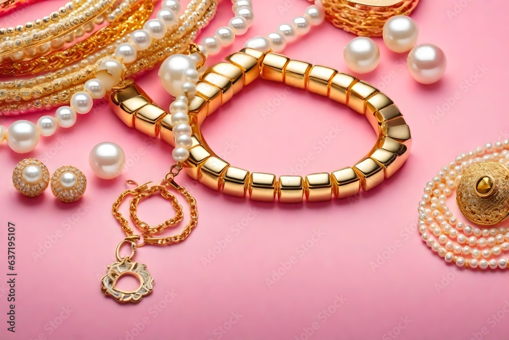 pearl necklace and earrings, jewelry on pink background - Generative AI pearl necklace and earrings, jewelry on pink background - Generative AI