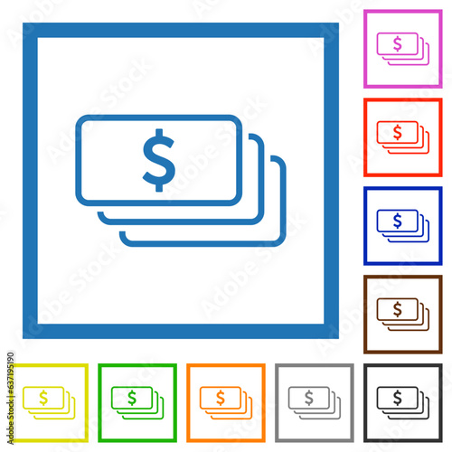 American dollar banknotes outline flat framed icons