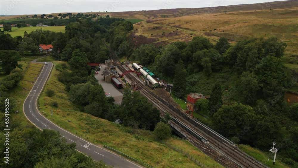 Establishing Drone Shot Over Goathland Train Station Establishing Drone Shot Over Goathland Train Station