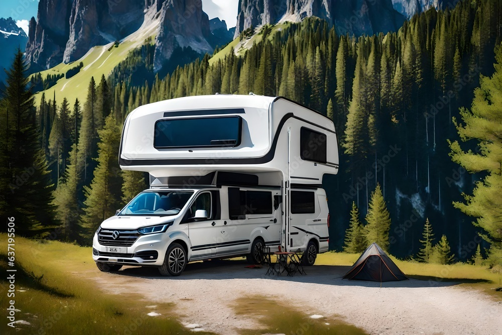 camping van on mountains, family vacations, camping at mountains- Generative AI