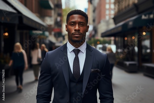 Black professional business man standing in middle of a street. Generative Ai