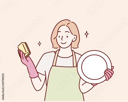 woman wearing apron holding scourer washing dishes. Hand drawn style vector design illustrations.
