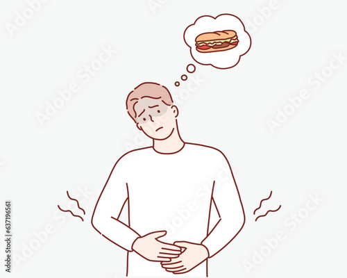 man is hungry and wants to eat. Hand drawn style vector design illustrations.