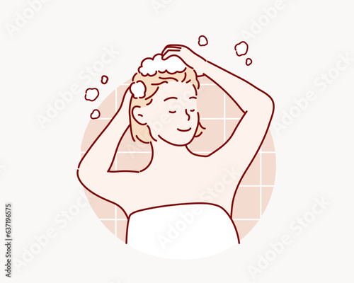 woman washing hair in shower. Hand drawn style vector design illustrations.