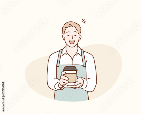 Handsome man wearing blue apron. Barista holding coffee cup  serving coffee to customer. Hand drawn style vector design illustrations.
