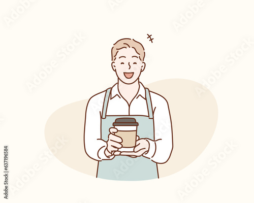 Handsome man wearing blue apron. Barista holding coffee cup, serving coffee to customer. Hand drawn style vector design illustrations.