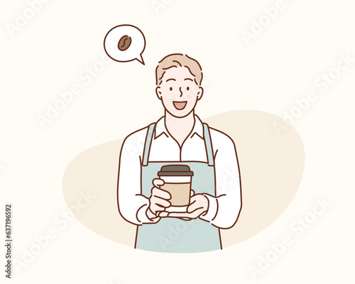 Handsome man wearing blue apron. Barista holding coffee cup, serving coffee to customer. Hand drawn style vector design illustrations.