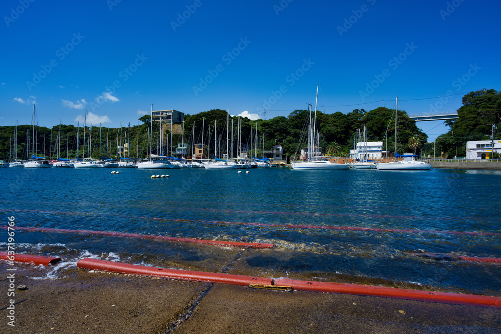 Miura Peninsula is located at the entrance to Tokyo Bay in Japan. This area features numerous ria-style coastlines, and Aburatsubo Bay is a well-formed harbor created by crustal movements. It has been