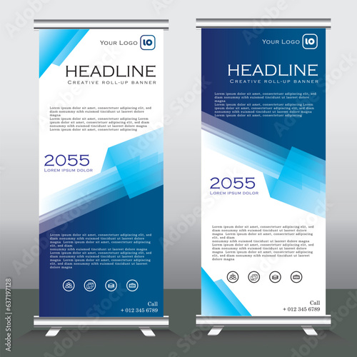 roll up banner design and vector template. blue color, standee banner design, vertical banner, x-banner, standee Template. pull up banner, Brochure, Flyer. abstarct vector illustration