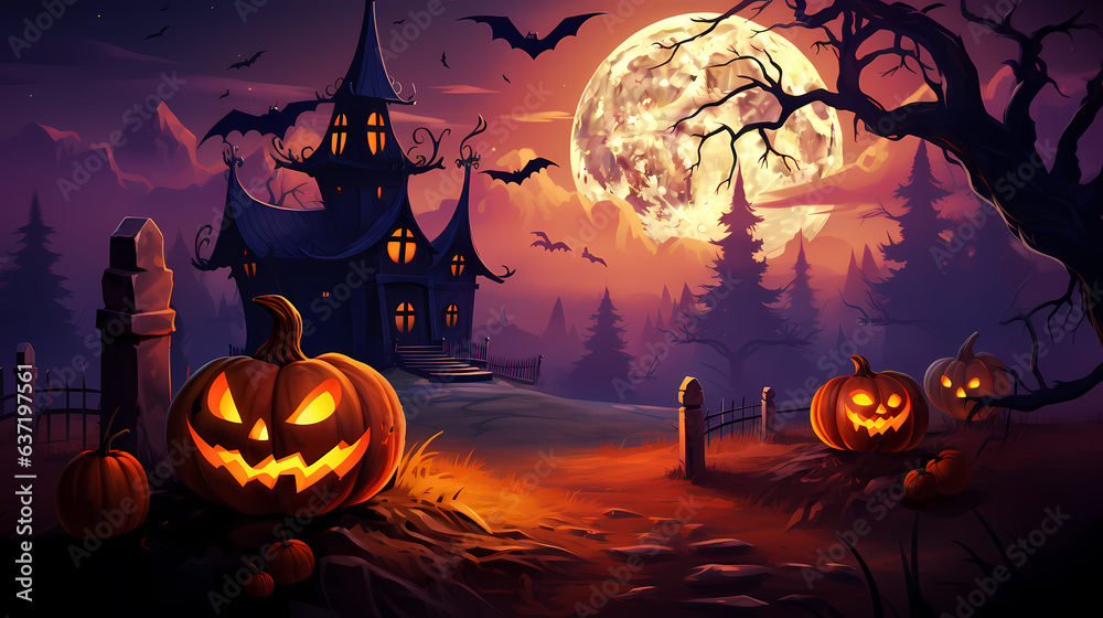 Happy Halloween background with scary pumpkins and castle haunted .Halloween background with Evil Pumpkin. Spooky scary dark Night forrest. Holiday event halloween banner background concept
