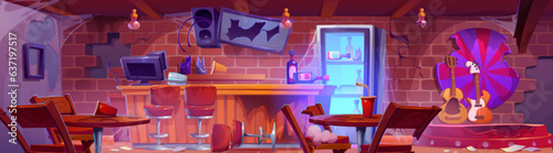 Abandoned bar counter and messy interior cartoon illustration. Broken pub or nightclub with alcohol and crack tv. Guitar on podium near dart on brick wall. Nobody in dirty tavern with fridge