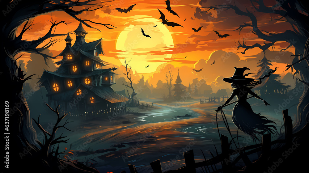 Happy Halloween background with witch and house haunted.Halloween background with Evil Pumpkin. Spooky scary dark Night forrest. Holiday event halloween banner background concept