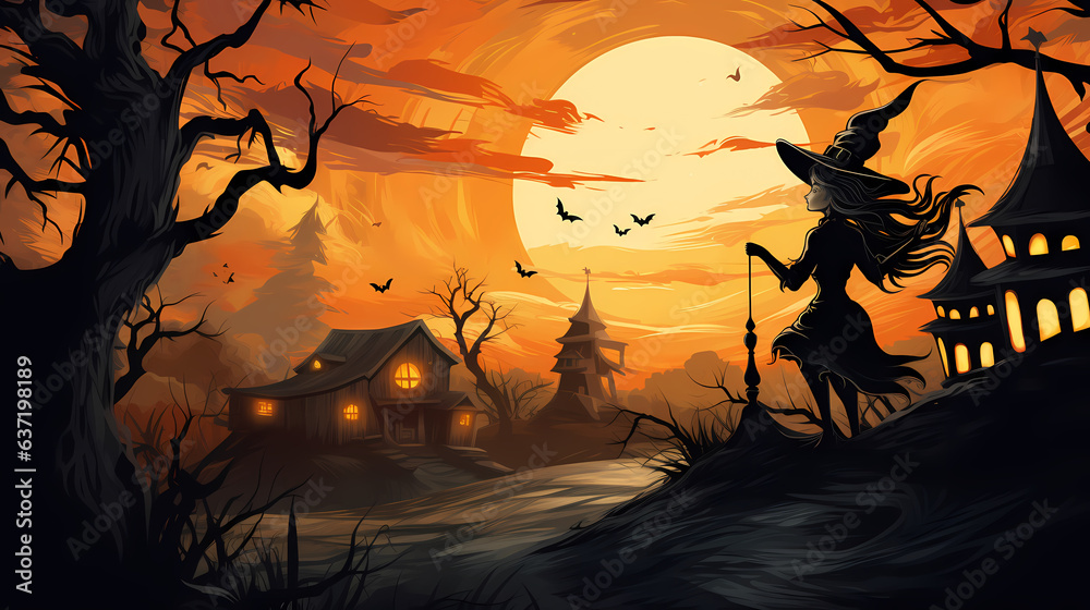 Happy Halloween background with witch and house haunted .Halloween background with Evil Pumpkin. Spooky scary dark Night forrest. Holiday event halloween banner background concept
