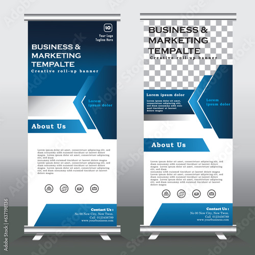 roll up banner design and vector template. blue color, standee banner design, vertical banner, x-banner, standee Template. pull up banner, Brochure, Flyer. abstarct vector illustration