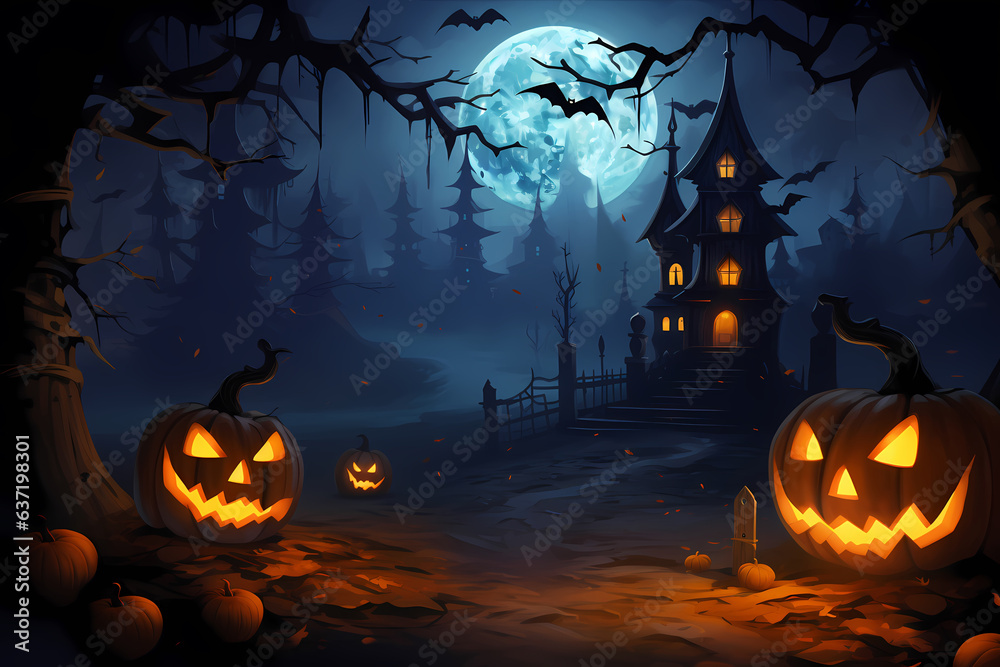 Happy Halloween background with scary pumpkins and castle haunted .Halloween background with Evil Pumpkin. Spooky scary dark Night forrest. Holiday event halloween banner background concept