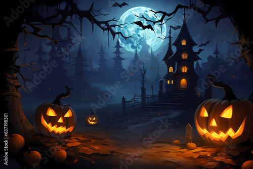 Happy Halloween background with scary pumpkins and castle haunted .Halloween background with Evil Pumpkin. Spooky scary dark Night forrest. Holiday event halloween banner background concept