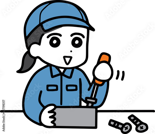 組み立てている作業服の女性