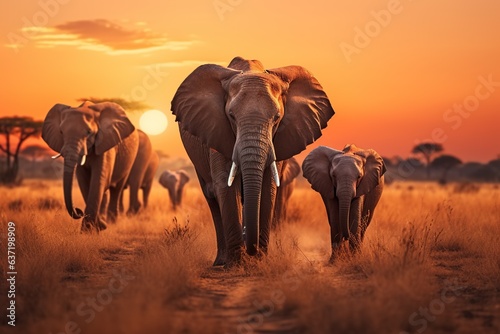 a herd of elephants walking across a dry grass field at sunset with the sun in the background and a few trees in the foreground,Generated with AI © Chanwit