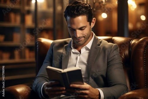 Portrait of a handsome man reading a book. Generative Ai