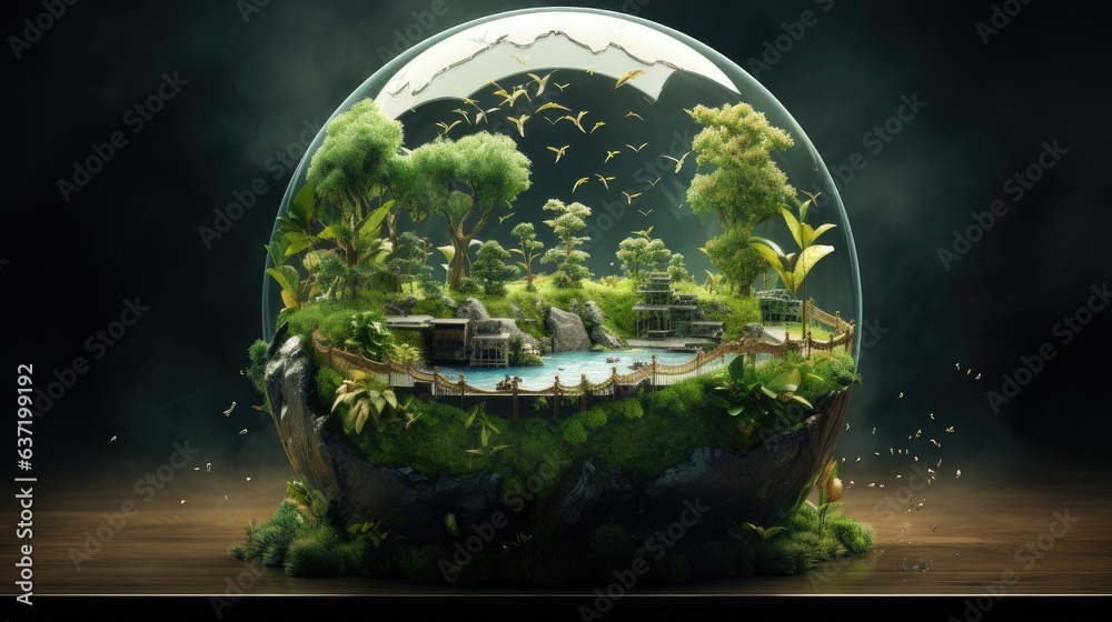 preserving biodiversity: a vibrant forest habitat enclosed in a glass orb - high-resolution image for conservation education and green initiatives - obrazy, fototapety, plakaty 