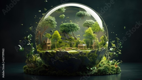 nature's sanctuary: serene trees and verdant landscape within a crystal sphere - ideal for backgrounds in eco-themed projects and green technology