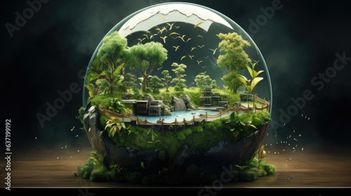 preserving biodiversity: a vibrant forest habitat enclosed in a glass orb - high-resolution image for conservation education and green initiatives photo
