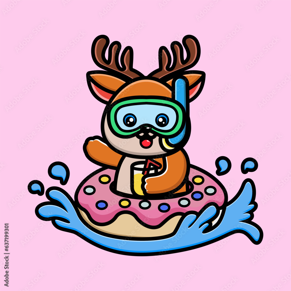 Cute deer with doughnut tires and orange juice cartoon